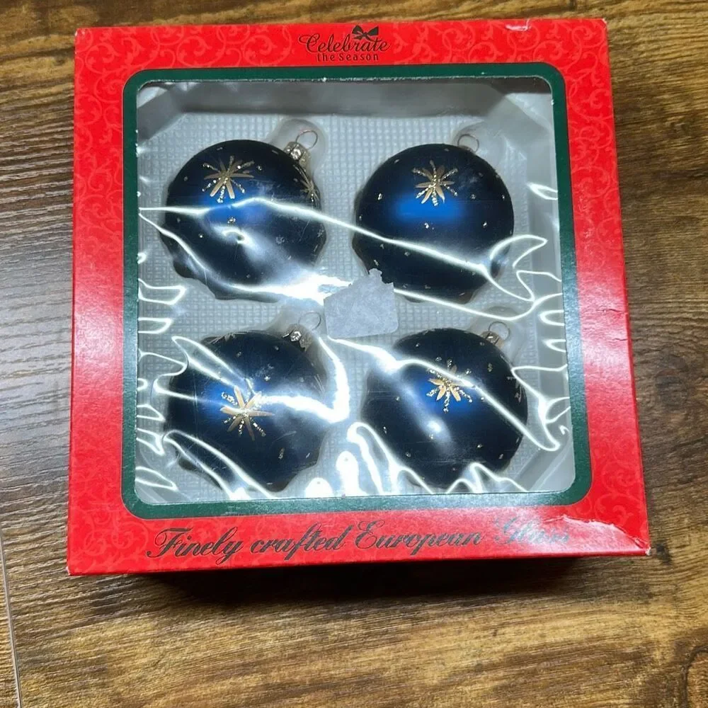 Vintage Sears “Celebrate the Season” Blue Star Glass Ornaments Gold Crown Accent